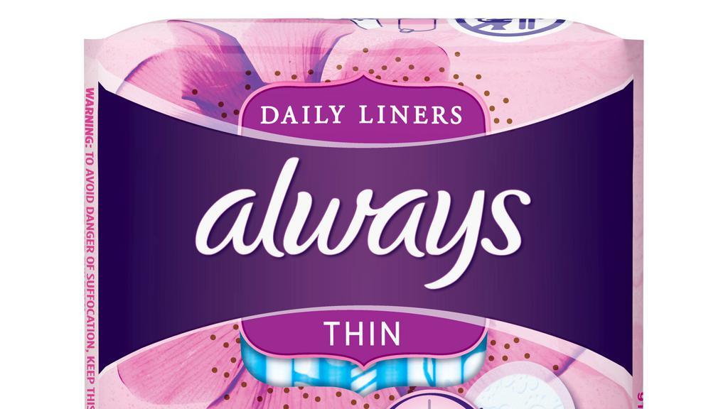 Always Thin Daily Liners 20'S · Get a fresh start all day, every day with Always Thin Daily Regular Liners. Always Thin Pantiliners are incredibly thin and comfortable, designed to feel like fresh underwear so you can wear them every day. A breathable layer helps keep you dry, while Edge-2-­Edge Adhesive helps keep it in place all day long. For a comfortable, fresh feeling every day of the month, try Always Thin Daily Liners for women.