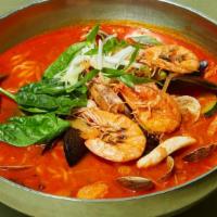 Jjam Bbong 짬뽕 · Iconic Spicy Seafood Noodle Soup with a heaping portion of Mussels, clams, prawns, shrimp, a...