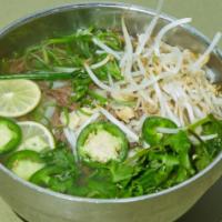 Pho 쌀국수(Gluten-Free) · Vietnamese style broth with rice noodles, sprouts, cilantro, jalapeño and lime. Soup, noodle...