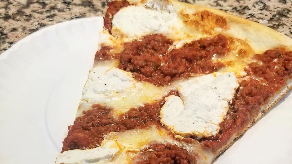 Lasagna Pizza Slice · Ricotta, Bolognese, Mozzarella.