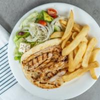 Chicken Skara · On a toasted pita charred chicken with lettuce, tomatoes, and onions topped with Tzatziki.