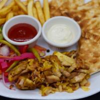  Shawarma Platter · Chicken, beef and lamb for an additional charge. Choice of shawarma meat served with salad, ...