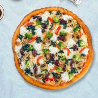 Veggie Commitment Pizza · (Vegan) Bell peppers, mushrooms, kalamata olives, spinach, broccoli, and vegan cheese baked ...