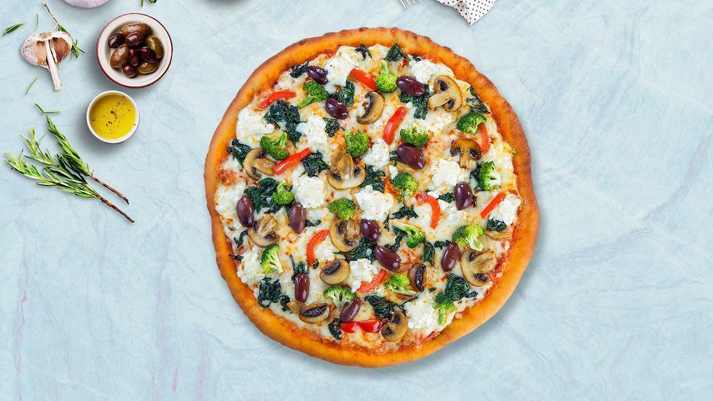 Veggie Commitment Pizza · (Vegan) Bell peppers, mushrooms, kalamata olives, spinach, broccoli, and vegan cheese baked on a 14
