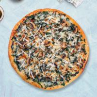 Spinach Spectacle Pizza · (Vegan) Spinach, garlic, vegan cheese, and red pepper baked on a 14