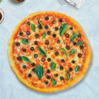 Epic Olives Pizza · (Vegan) Black olives, vegan cheese, marinara, chopped garlic, and fresh basil baked on a 14