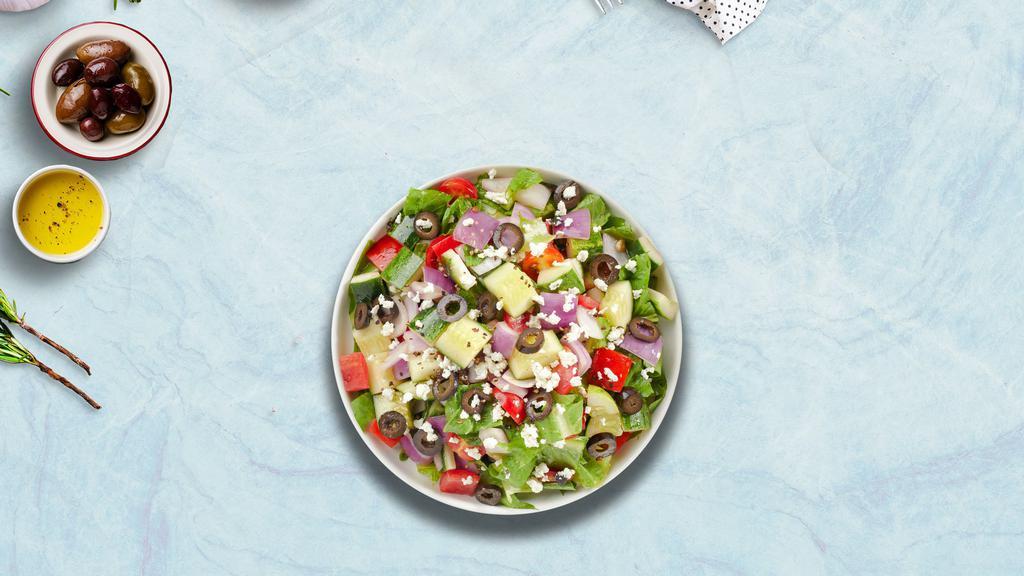 Greek God Salad · Romaine lettuce, cucumbers, tomatoes, red onions, and olives tossed with balsamic vinaigrette dressing.