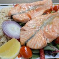 Salmon Platter · Comes with rice and salad.