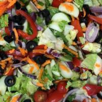 Salad Pizza · Shredded lettuce, tomatoes, roasted peppers, cucumbers, olives and onions, carrots, served c...