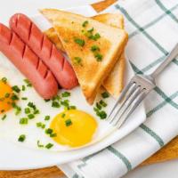 2 Eggs And Sausage  Breakfast Platter · Sizzling eggs with side of sausage, toast and home fries.