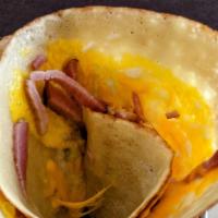 Ham Egg & Cheese Crepe · Ham, one egg, and four cheese blend (monterey jack, cheddar, queso quesadilla, asadero)