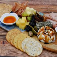 The Cheesy Charcuterie Happyboard · Burrata with Balsamic Glaze, Manchego, Herbed Goat Cheese, Cheddar, Prosciutto di Parma, Mor...