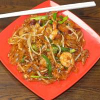 Pad Thai Wun Sen · Pan fried silver noodles with jumbo shrimp, roast pork, tofu, green onions, egg, ground pean...
