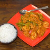 Goong Pad Ped Kee Moa (Best Seller) · Shrimp stir fried in a chili garlic sauce with tomatoes, basil and Thai chili peppers
