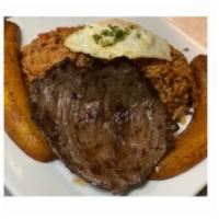 Tacu Tacu Sabrosura · Fried mix of rice and beans with fried steak, plantain and egg.