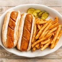 Vegan Special (Dinner) · Two soy hot dogs on vegan buns,  w/ arugula & marinated red onion salad or fries.