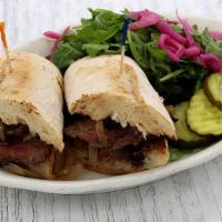 Classic Steak Sandwich · STEAK SANDWICH w/ caramelized onions & horseradish mayo on a club roll