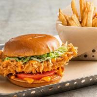Big Mouth Crispy Chicken Sandwich · Hand-breaded crispy chicken, tomato and lettuce, topped with your choice of sauce on a brioc...