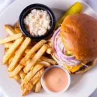 Buon Burger · 8 ounces of ground beef served with American cheese, crisp shredded lettuce, red onions, on ...