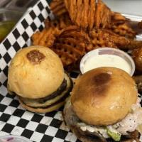 Sunday Sampler · Sliders (2) pulled pork and cheeseburger, chickee wings, sweet potato waffle fries with cole...