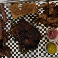 Bbq42 · Hot Italian sausage, brisket, BBQ pulled pork, and a fried chicken served with cornbread, co...