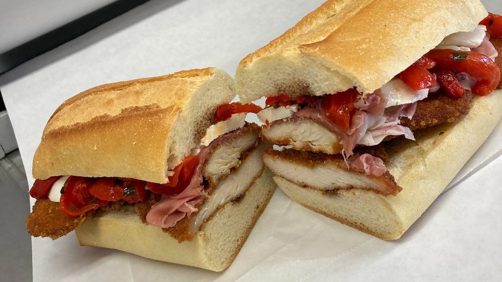 The Nutley · Chicken cutlet, prosciutto, fresh mozzarella, roasted peppers, balsamic