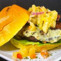 Island Burger · Angus beef, avocado dressing, pineapple chow, pepper jack cheese, spinach and turkey bacon