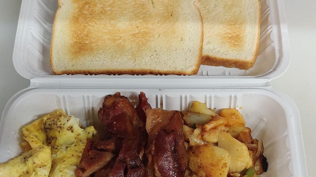 Home Fries Platter · 2 EGGS ,PORK BACON , HOME FRIES AND BUTTER TOAST
U CAN CHOOSE TURKEY BACON INSTEAD