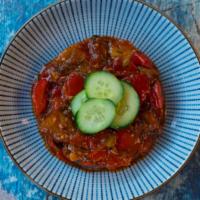 Sauced Eggplant · Gluten-free, vegan. Cubes of eggplant, hearty tomato sauce, green pepper, onion, Touch of ol...
