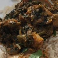 Mushroom Saag · Garden fresh mushroom and spinach cooked with mild or hot thin curry sauce.
