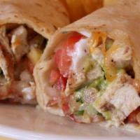 Charbroiled Burrito · Marinated charbroiled chicken or steak  with beans, Jack and Cheddar cheese, guacamole, pico...