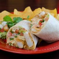 Shrimp Burrito · Shrimp charbroiled with lime, Jack cheese, pinto beans, shredded cabbage, pico de gallo, and...