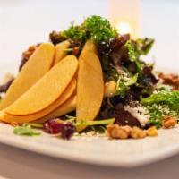 Farmers Market · Mesclun, apple, cranberry, hazelnuts, manchego, and white vinaigrette.  Contains nuts. Add g...