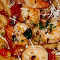 Fresh Cavatelli · Gulf shrimp, heirloom cherry tomato, basil, and chili flake.