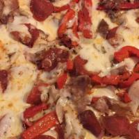 House Special Pizza · Peppers, pepperoni, onion, mushrooms, sausages, extra cheese.