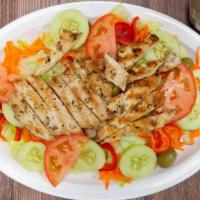 Grilled Chicken Salad · Lettuce, tomato, carrots, cucumbers, olives, topped with grilled chicken.
