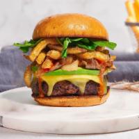 Everything Burger · American beef patty cooked medium rare and topped with parmesan fries, avocado, caramelized ...
