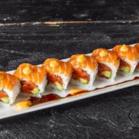 Rainbow Caviar Roll · Spicy salmon roll topped with colorful caviar.