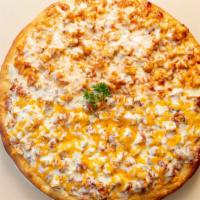 Chicken, Bacon & Ranch Pizza · Boneless zingers, bacon, hot peppers, chopped tomato, and ranch.