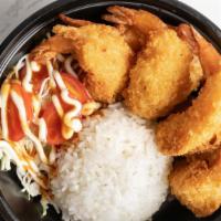 Shrimp Katsu Rice Bowl · Crispy-Fried Panko-Crusted Shrimps Over Hot Steaming Rice, Served with a Shredded Cabbage an...