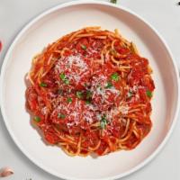 Meatball Mood Pasta (Spaghetti) · Fresh gluten-free spaghetti and homemade ground beef meatballs served with rossa (red) sauce...