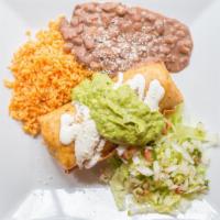 Chimichangas · Fried burrito. Flour tortilla filled with your choice of meat & mozzarella chesse topped wit...