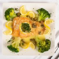 Broiled Salmon · Topped with lemon sauce and served with vegetable of the day