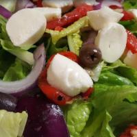 Caprese Salad · Fresh buffalo mozzarella, tomatoes, garlic, and olive oil on a bed of fresh mixed green salad.