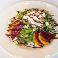 Beet Salad · Gluten-free. served with yellow and red beets, goat cheese and five-spiced honey glazed roas...
