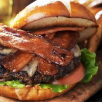 Cowboy Bbq Burger + Fries · All beef patty smothered in Cheddar Cheese, Hickory BBQ Sauce, Cherrywood smoked bacon, Cris...