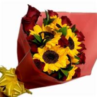 Bouquet Sunflowers And Roses · 12 roses,
5 sunflower 
Foliage
Choose color