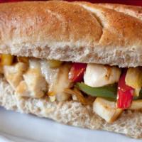 Chicken Cheese Steak Sandwich · Yummy Grilled Chicken, Onions, Peppers, Mushrooms, American Cheese & Mayo.