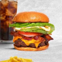 Good Morning Burger · American beef patty topped with bacon, fried egg, avocado, melted cheese, lettuce, tomato, o...
