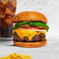 Cheese Me Please Me Burger · American beef patty topped with melted cheese, lettuce, tomato, onion, and pickles.